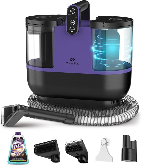 Motionflow 4-in-1 Tapijtreiniger - Verwarmingsfunctie en zelfreinigend - 4 Borstels / opzetstukken - Vlekkenreiniger voor Huisdieren en Kinderen - Inclusief Schoonmaakmiddel