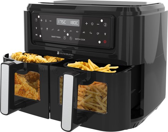 KitchenBrothers Dubbele Airfryer XXL - 9L - Heteluchtfriteuse - Twee Manden - 2 x 4.5L - 2400W - Zwart