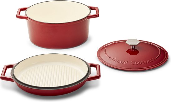 The Tasman Dutch Oven en Grill - Kookpot - Gerecycled Gietijzer - met traditionele en grill deksel - Ø29 cm – Rood