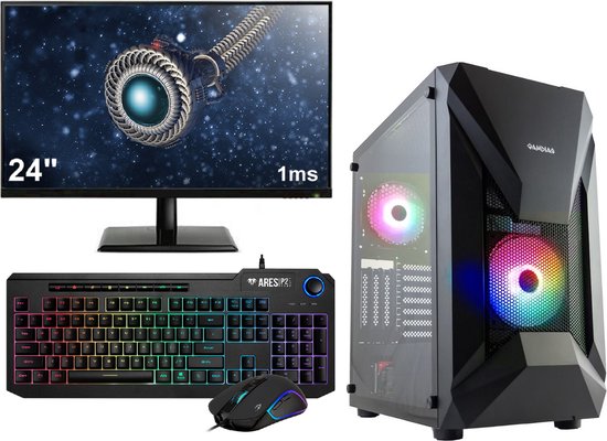 AMD Ryzen 5 RGB 6-Core Budget Game PC SET COMPLEET met 24" 1ms Scherm - Toetsenbord en Muis - 16GB (2x8, 3200MHz) RAM - 500GB SSD - RX Vega 7 - WIFI - Windows 11