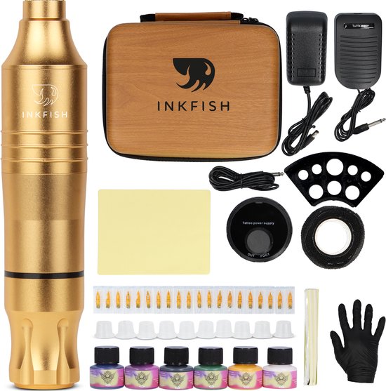 Inkfish Tattoo Machine - Set - Pen - Inkt - 20 Naalden - Voor Beginner & Gevorderde - Kit - Gun - Zwart - PMU