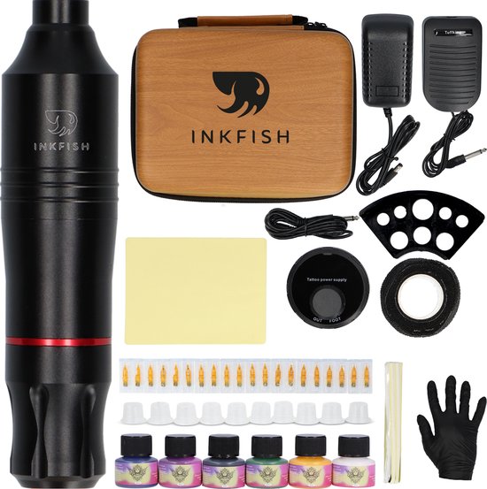 Inkfish Tattoo Machine - Set - Pen - Inkt - 20 Naalden - Voor Beginner & Gevorderde - Kit - Zwart - Gun - PMU