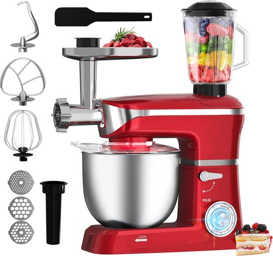 Royalty Line® PKM1900BG Keukenmachine - 1900W - Met Blender, Vleesmolen, Garde, Deeghaak, Menghaak - 6,5 Liter - Rood