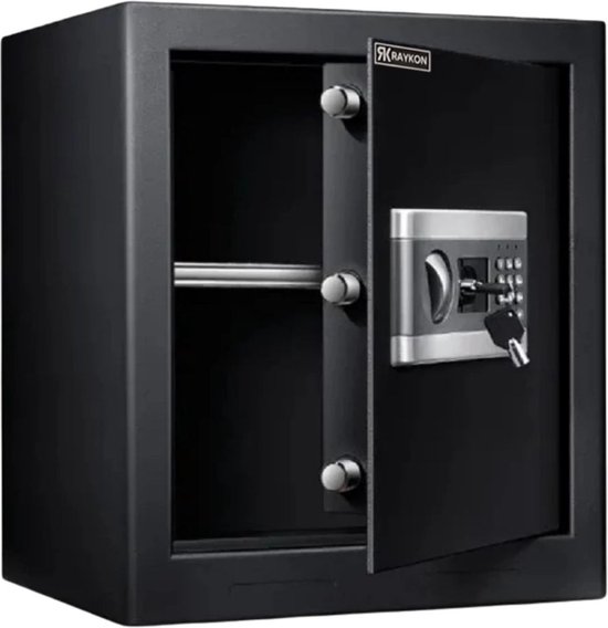 Raykon Grotere Elektronische Kluis met Cijferslot - Kluisje met Sleutel - Code Geldkluis Brandwerend - Zwart