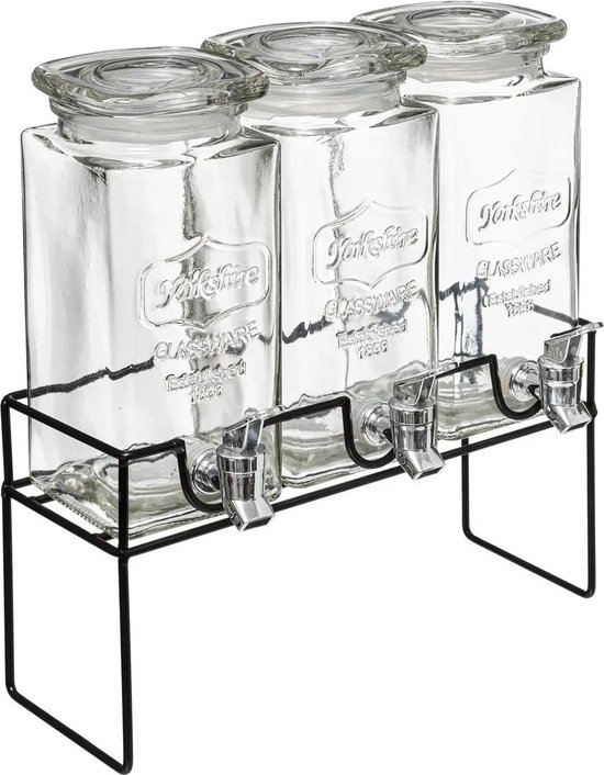 Set van 3x stuks glazen drank dispensers 1,5 liter in houder met metalen kraantje - Sapdispenser - Drankdispenser