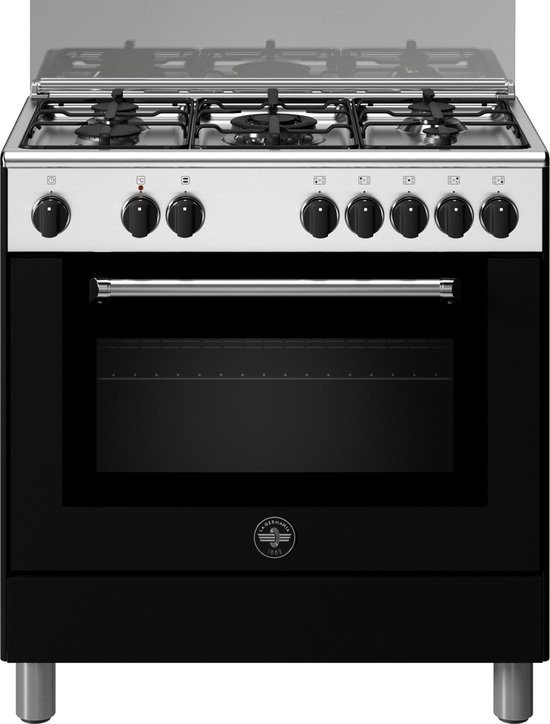 La Germania AM85C61DNT Fornuis 80 cm. 5-pits gas met wok. Zwart met RVS.