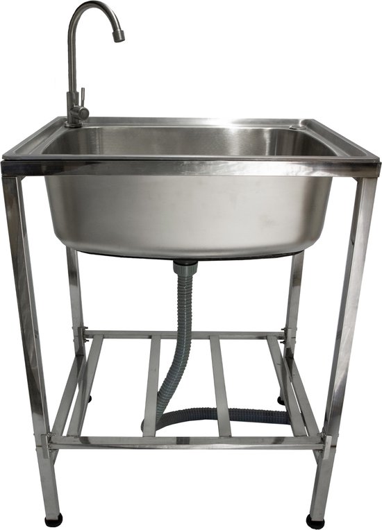Mobiele wasbak camping kamperen - RVS - verstelbare poten - 60x45x79 cm - spoelbak gootsteen buitenkeuken