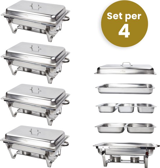 Alora Chafing Dish Chrome 6 bakken per 4 - Voedsel Verwamer - Voedsel Warmhouden - met Deksel - Buffetwarmer - Roestvrij Staal - Warmhoudplaat - Bain Maria - Warmhoudbakken - Warmhoudschalen