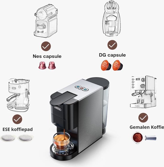 Happyment 4 in 1 Koffiemachine - Koffiezetapparaat - Koffie Automaat - Automatisch - Nespresso - Dolce Gusto - Koffiepoeder - Koffiepads - Met Capsulehouder & Melkopschuimer