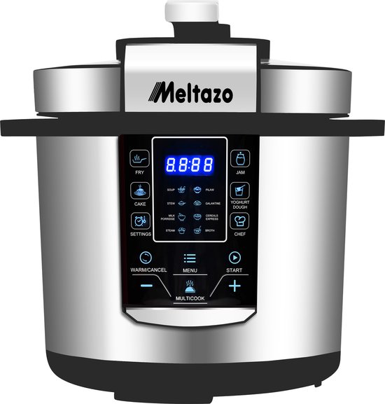 MELTAZO Multicooker, 6L, 14-in-1 Elektrische Snelkookpan met LED Touch Screen, Pressure Cooker Electrisch, Electric Pressure Cooker, Multicuiseur, Multi cooker, Rijstkoker, Yoghurtmaker, Slowcooker, Soepmaker, Stomer (RVS/Zwart)
