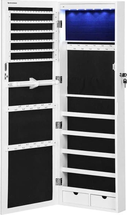 Sieradenkast Hangen, Spiegelkast Met Led-Binnenverlichting, Wandkast Met Passpiegel, Wandmontage, Hangend Aan De Deur, Cadeau, Wit
