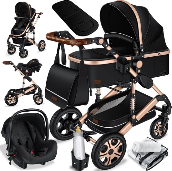 KESSER® Kinderwagen 3 in 1 Loops Wandelwagen Set incl. Autostoel & Reiswieg & Buggy Sportzitje - Massieve Rubberbanden - Luiertas / Regenhoes - Zwart / Champagne