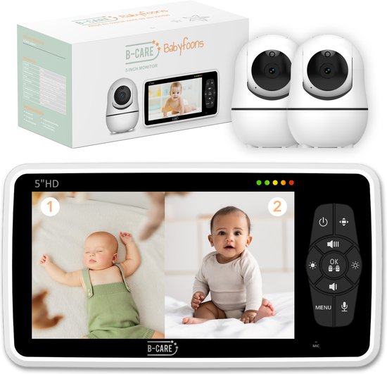 B-care Babyfoon met 2 Camera's - 5.0 Inch Scherm - Split screen - Zonder Wifi en App - Baby Monitor - Baby Camera - Voor 2 Kinderen