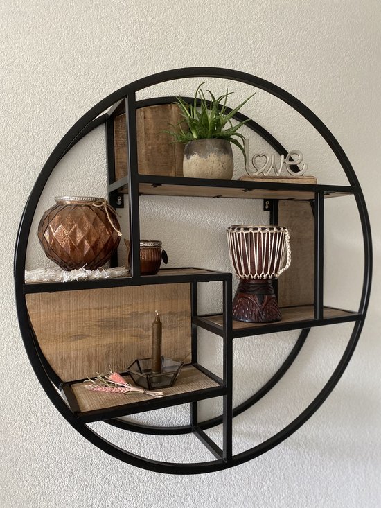 Wandrek - Rond - Industrieel - Mangohout - Zwart Metaal - 80 CM Diameter - Wandplank - Hoge Kwaliteit