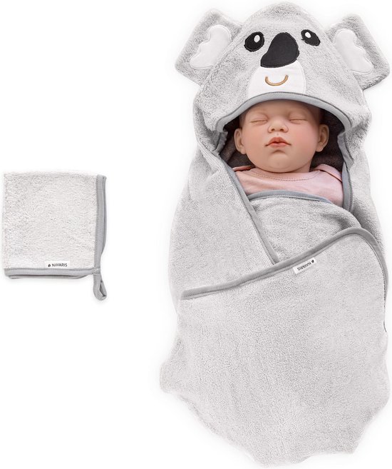 Navaris badcape met capuchon voor baby - Set met badcape en washandje - 100% bamboe - Voor baby's van 0-12 maanden - Oeko-tex gecertificeerd - Koala