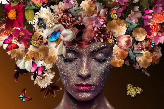 Glasschilderij vrouw - gezicht met vlinders / bloemen - geel, zwart en rood - 120 x 80 cm - fotokunst - woonkamer / slaapkamer