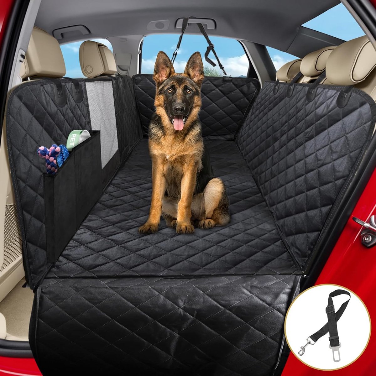 Hondendeken voor de achterbank, 4-in-1 autodeken voor honden, met zijbescherming en kijkvenster, waterdicht, antislip, veiligheidsgordel, voor auto, bestelwagen, SUV, 137 x 147 cm
