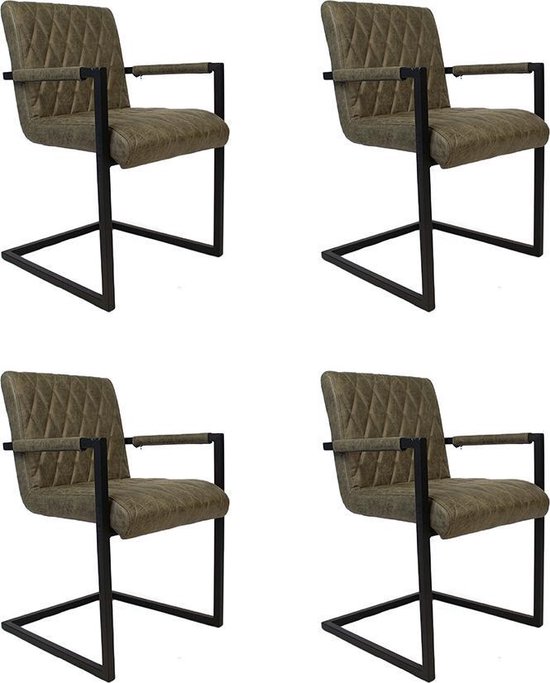 Bronx71® Industriële eetkamerstoel Diamond olijfgroen eco-leer - Eetkamerstoelen set van 4