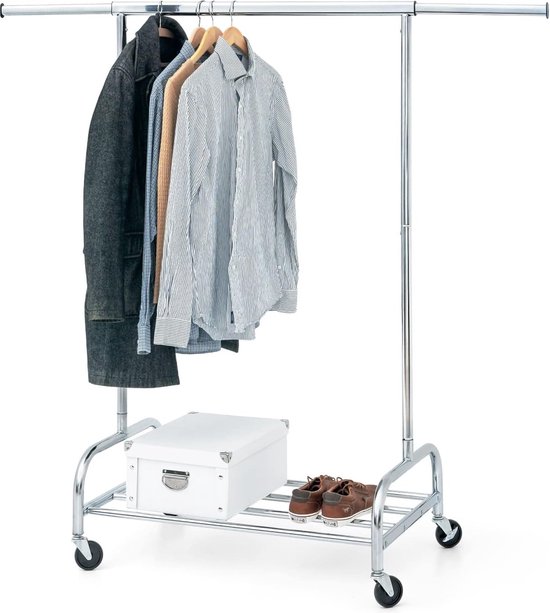 Tatkraft TIGER Professioneel Heavy Duty Verrijdbaar Kledingrek Met Schoenenrek Op Wielen - Stevig Mobiel Verstelbaar Kleren Rek Op Wielen - Kledingstandaard Hangrek - In Breedte Verstelbaar - Verchroomd - 100 Kilo Belastbaar