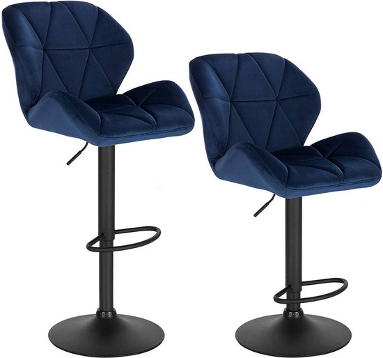 Barkruk Comfy Blauw - Met rugleuning - Stevig- Velvet - Set van 1 - Keuken - Barstoelen ergonomisch - Verstelbaar in hoogte - Zithoogte 60-82cm
