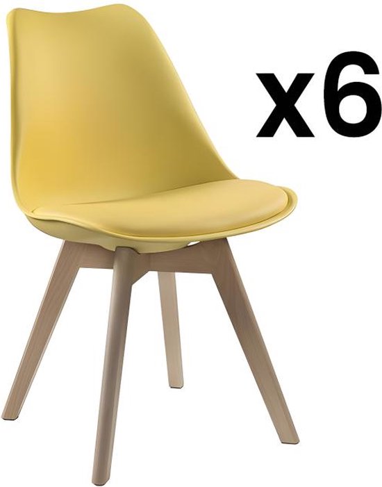 Set van 6 stoelen JODY - Polypropyleen, kunstleer en beuken - Geel L 49 cm x H 82 cm x D 57 cm