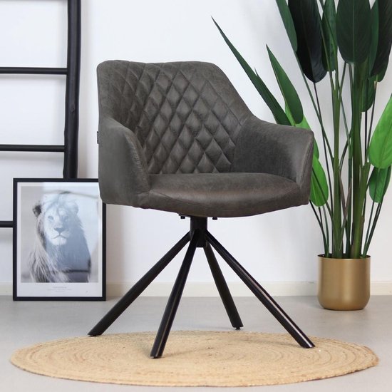 Bronx71® Eetkamerstoel industrieel Dex antraciet eco leer - Eetkamerstoel draaibaar - Eetkamerstoel met armleuning - Eetkamerstoel grijs - Eetkamerstoel met armleuning