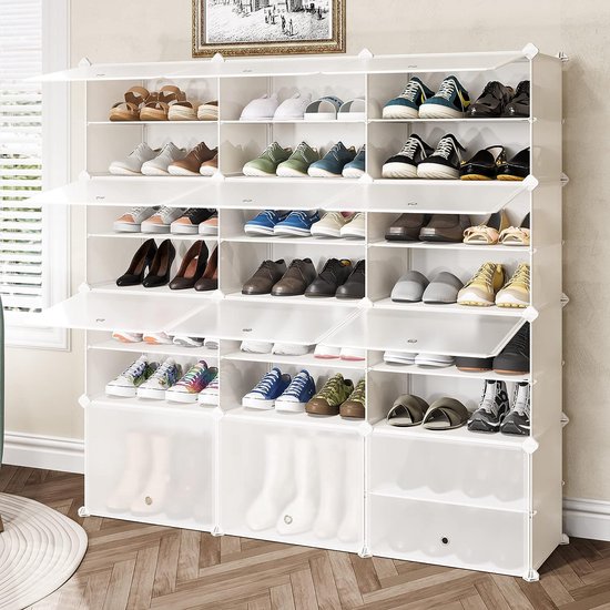 JOISCOPE Schoenenkast, Schoenenrek Kunststof, Doe-Het-Zelf Insteekbare Schappen, Rechthoekig Schappensysteem, Opbergrek, Garderobe, Voor Hal, Woonkamer, Metalen Frame, wransparant 3 * 8