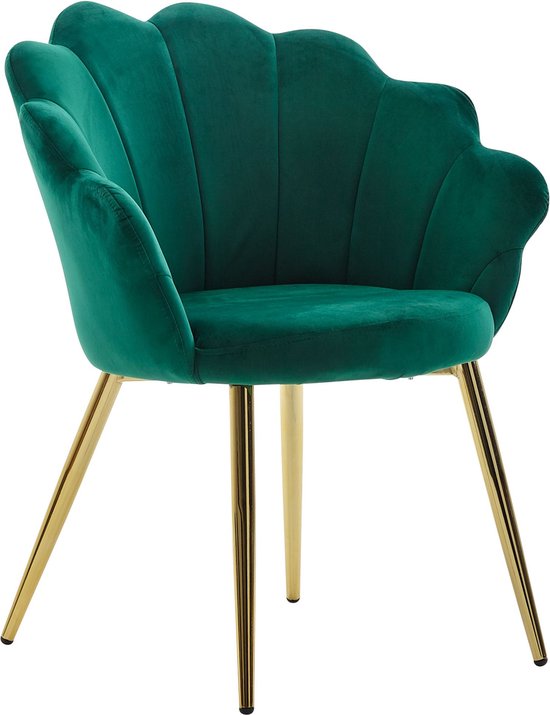 Rootz Tulip Eetkamerstoel - Fluweelgroen - Gestoffeerde keukenstoel met gouden poten - Scandinavisch design Schelpstoel - Met stof beklede gestoffeerde stoel