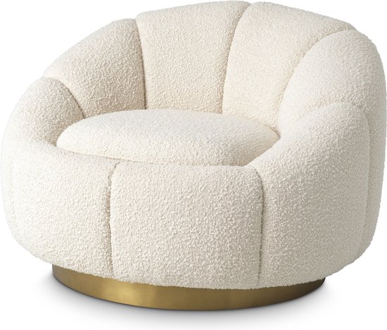 Draai Fauteuil - Heerlijk zachte zitting - Bouclé Cream bekleding - Geborsteld messing draaiend onderstel