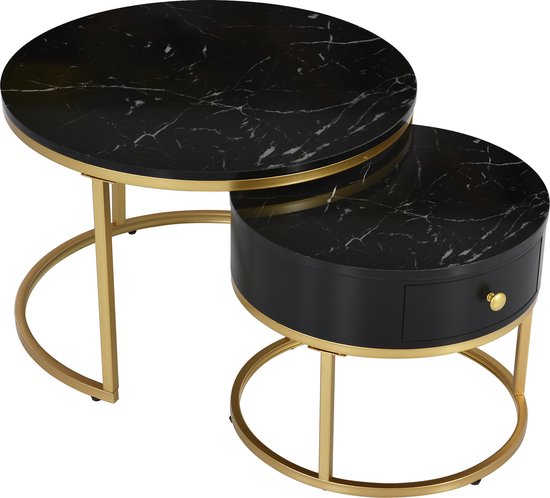 Merax Salontafel Set van 2 - Salontafels Rond Marmer - Bijzettafel met Lade - Zwart met Goud