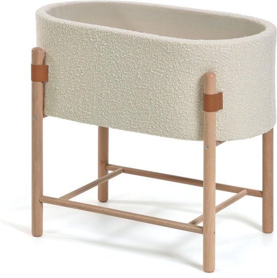 Kave Home - Adara Mozes mand met wit fleece en massief beukenhouten poten 69 x 46 cm