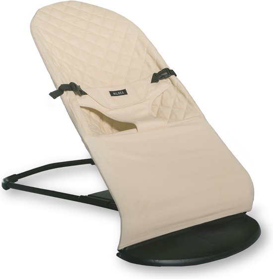 NILBEX Wipstoel - Schommelstoel Baby - Baby Bouncer - Zand/beige - Zwart frame – Ergonomisch - Verstelbaar - Inklapbaar