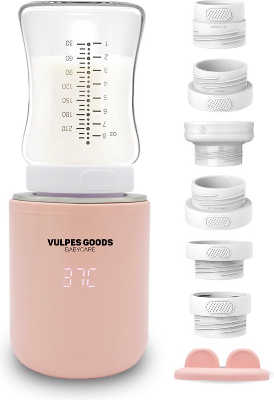 Vulpes Goods® BabyCare - Flessenwarmer Pro - Draagbare Baby Flessenwarmer voor Onderweg - Intelligente Flesverwarmer - 4 Temperatuurniveaus - Draadloos - Inclusief 5 Adapters - USB Oplaadbaar - 8.800 mAh - Roze