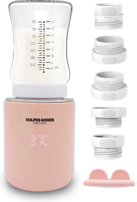 Vulpes Goods® BabyCare - Flessenwarmer Pro - Draagbare Baby Flessenwarmer voor Onderweg - Intelligente Flesverwarmer - 4 Temperatuurniveaus - Draadloos - Inclusief 5 Adapters - USB Oplaadbaar - 13.200 mAh - Roze