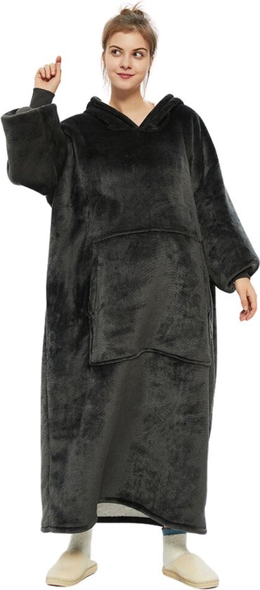 Grijze hoodie blanket - Extra Lang 120cm - fleece deken met mouwen en capuchon – Oversized hoodie – Fleece deken – Fleece TV deken – Plaid met mouwen – Warm & zacht – Fleece poncho - grijs - Badrock