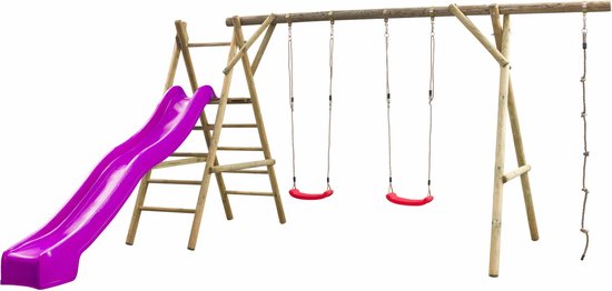 Houten dubbele schommel met 300cm glijbaan violet en klimtouw Noortje – 450x360x230cm - SwingKing