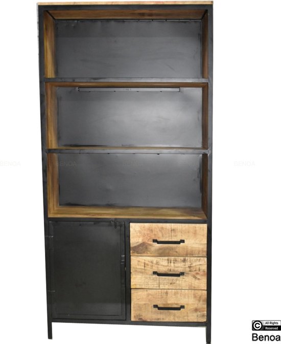 Lizzy 1 Deurs boekenkast 100cm - Mangohouten Boekenkast 100cm breed - Industriële kasten - Kast van Mangohout en Staal - Opberkast met laden, deuren en open vak