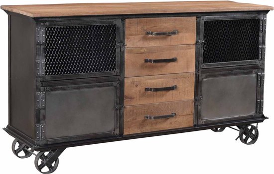 Happyment Vintage Dressoir - Opbergkast - Op wielen - Verstelbare Planken - 153x40x80cm - Industriële Stijl - Vintage Bruin/Zwart