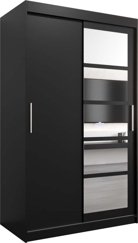 InspireMe - Kledingkast met 2 schuifdeuren, Modern-stijl, Een kledingkast met planken en een spiegel (BxHxD): 120x200x62 - VENEZIA I 120 Zwart Mat