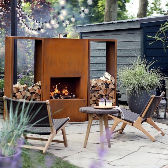 GardenMaxX Tuinhaard - Pinacate Corten - Woodstore Edition - BBQ-Grill - Sfeerhaard - Houtopslag