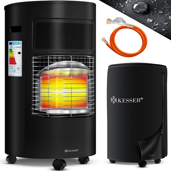 KESSER® Mobiele Gaskachel Keramisch 4200 Watt Gas Heater incl. Gasdrukregelaar Gasslang, draagbare Kachel met Beschermhoes, Infrarood Keramische Terrasverwarmer, Butaan of Propaan Gasflessen - Zwart