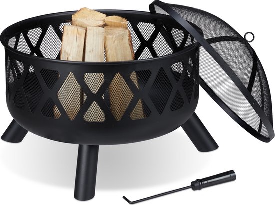 Relaxdays vuurschaal met vonkenscherm - vuurkorf - buitenhaard - tuinkachel - met pook