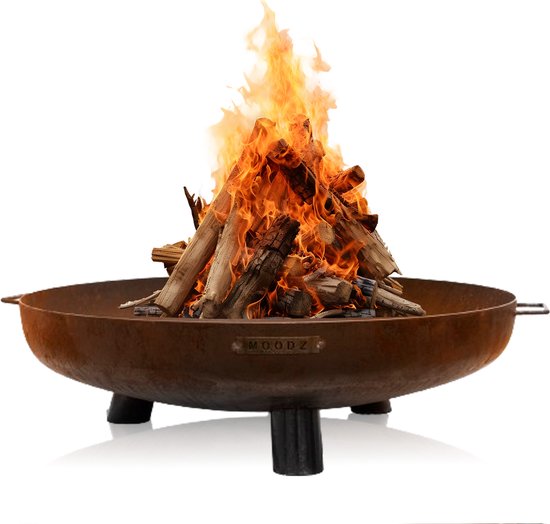 MOODZ Outdoor Living Vuurschaal Feet & Handle (Ø 80 cm) - Vuurschaal 80 cm - Staal - Bruin - Cortenstaal - Vuurkorf - Staal - Terrashaard - Vuurkorf voor Buiten - Vuurton - Vuurhaard - Vuurschaal op Pootjes - 80x80x24 cm