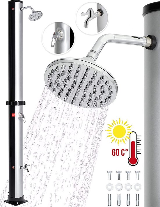 Solardouche 35 liter - Solar Tuindouche warm water - Zwembaddouche Camping - Zonder stroomaansluiting - Buitendouche met kraan en regendouchekop - Tuinslangaansluiting - Zwart/Zilver