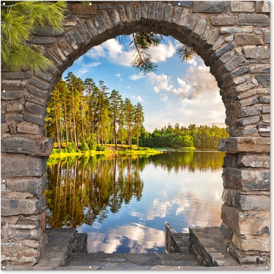 Tuinposter - Doorkijk - Meer - Bomen - Bos - Water - 200x200 cm - Tuinposter doorkijk - Schuttingposter