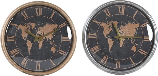 Muurklok DKD Home Decor 46 x 6,5 x 46 cm Kristal Zilverkleurig Zwart Gouden Bruin Ijzer Wereldkaart (2 Stuks)
