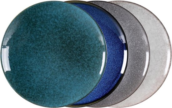 Porseleinen dinerborden, 26 cm, grote eetborden, saladeborden, set van 4 borden, vintage blauw/groen/lichtgrijs/donkergrijs