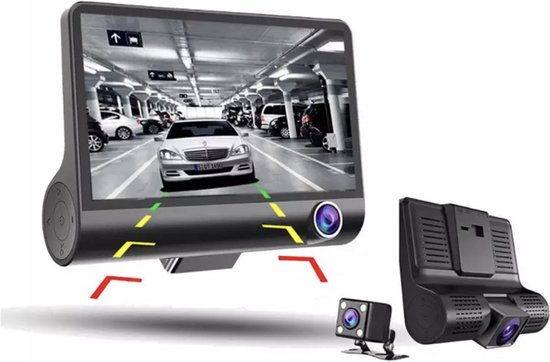 Dashboard camera 3 Lens Touch Screen 4 inch, Parking modus/GPS/G-sensor/Night Vision/White Angel + 64GB SD Card