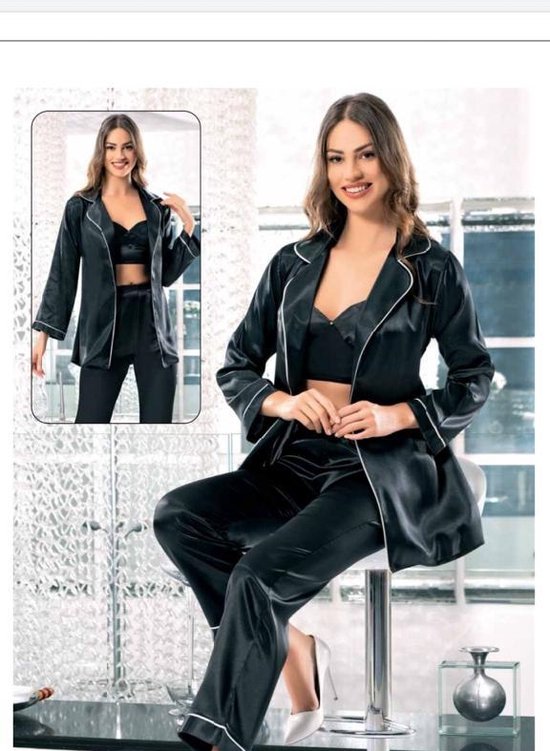 Kimono- Nachtjapon- Luxe Dames Pyjama Set 3-delig- Sexy Nachtkleding satijn 2060- Zwart- Maat M