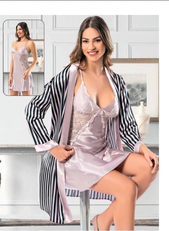 Kimono- Nachtjapon- 2-delig Deluxe Kimono- Nachtjapon Nachtjurk- Sexy nachtkleding 2095- Poeder roze met zwart streepjes- Maat XL